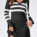 Saodimallsu Womens Striped Sweater Dress V Neck Collared Long Sleeve Slim Fit Ribbed Knit Trendy Mini Dresses (Large, Black)