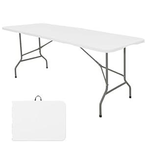 Folding Table 5 FT Camping Table Portable Heavy Duty Plastic Rectangular Outdoor Dining Table Steel Legs Fold-in-Half with Carrying Handle for Indoor, Picnic, Party, Wedding, Events(White)