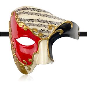HyperFun Mens Masquerade Mask Phantom of The Opera Half Face Mask with Bowtie, Vintage Venetian Masks for Costume Party (Red Note)