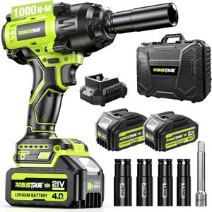 Robustrue Cordless Impact Wrench 738ft-lbs (1000N.m), High Torque Brushless 1/2 Impact Gun, 2 x4.0Ah Battery 21V Max, Fast Charger, 4 Sockets, Impact Wrench for Home Car Tires Truck Mover