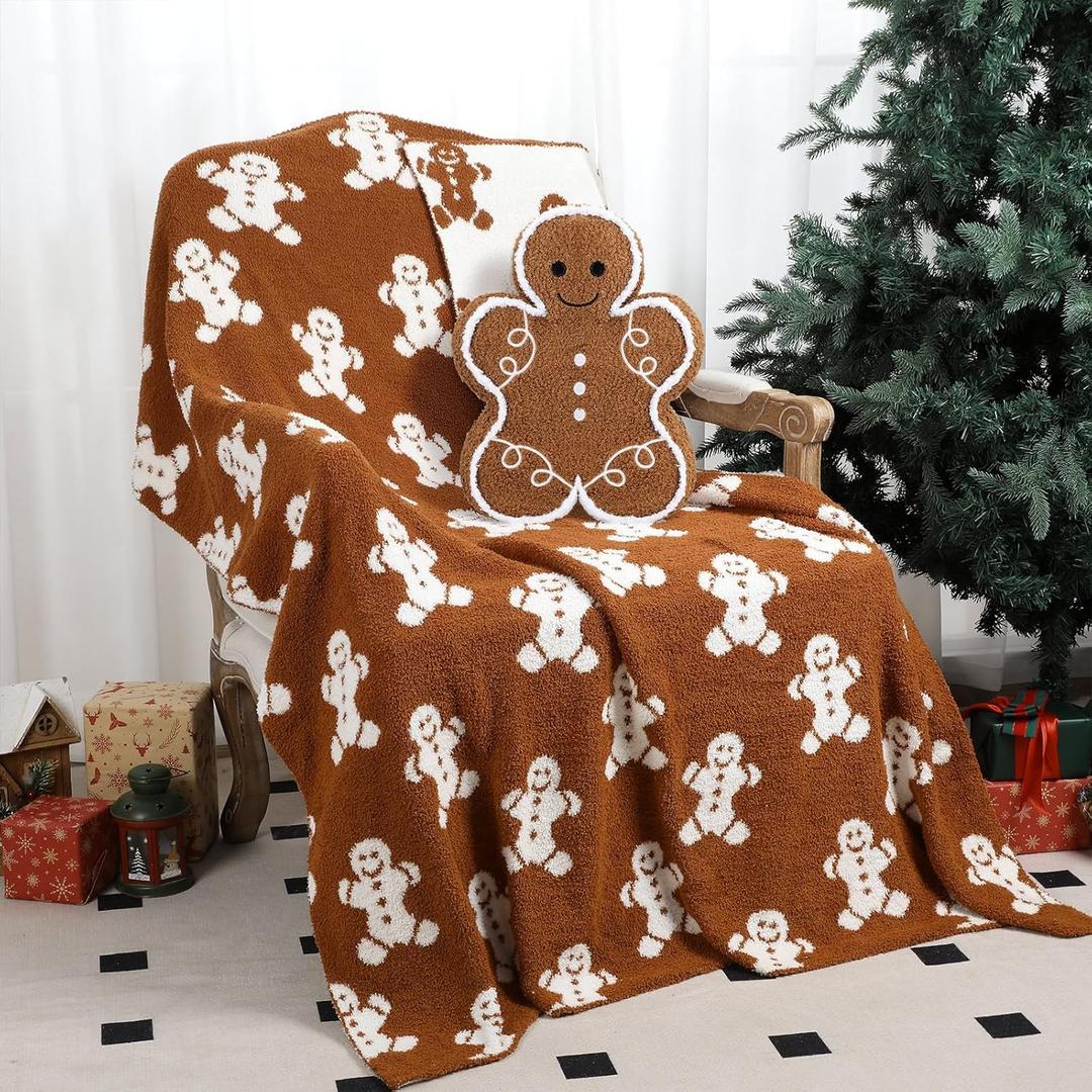 FuWeave Christmas Gingerbread Man Throw Blankets Pillow Set Include Double Sided Flannel Blanket 50 x 60 Inch and Gingerbread Man Plush Throw Pillows Cushion for Home Family Couch Sofa Bed Decorations (Brown)