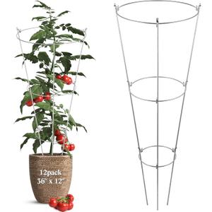 12 Pack Folding Tomato Cages Metal Plant Support Rings Heavy Duty Tomato Plant Support Cage Galvanized Garden Cucumber Trellis Ring for Garden Climbing Plants Flowers Fruits(36 x 12 Inch)