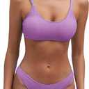 Fanuerg Women's Ribbed Bikini Sets Scoop Neck Cheeky Swimsuit Textured Two Piece Bathing Suit (Large, Purple)