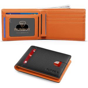 RUNBOX Novelty Wallet for Men Slim 11 Credit Card Holder Slots Leather RFID Blocking Small Thin Men's Wallet Bifold Minimalist Front Pocket Large Capacity Gift Box (fine carbon black orange)