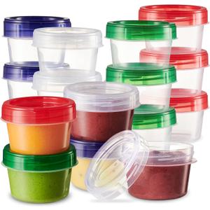 Baby Food Storage Containers 12 Pack, 4 ounce Colored Twist on Lids, Plastic, 1/2 Cup Small Freezer Storage Container