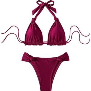 RoseSeek Women's 2 Piece Knot Swimsuit Backless Halter String Bikini Bathing Suit Vacation Cruise Outfit Burgundy Medium