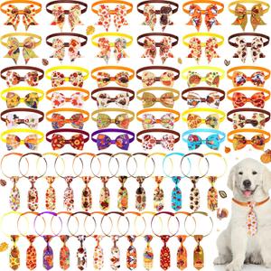 Sadnyy 60 Pcs Thanksgiving Dog Bows Bulk Dog Collars Adjustable Turkey Pumpkin Puppy Bowtie Collar Includes 24 Pet Neck Ties and 24 Bowties 12 Pet Fall Bowknot Set for Grooming Decor