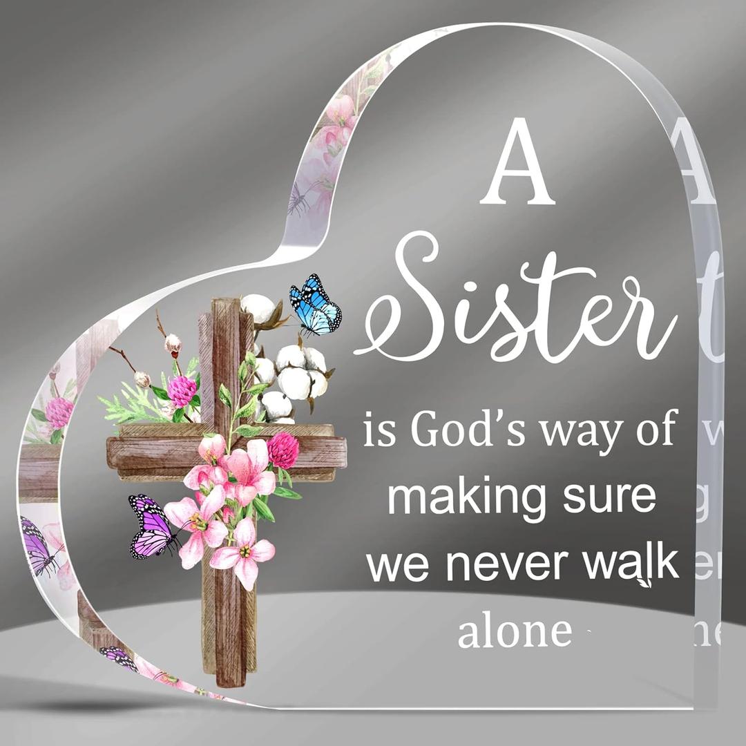 Yulejo Sister Gifts from Sisters Brothers Heart Acrylic Sign Christ Gifts for Women Inspirational Christian Desk Decor Christmas Birthday Friend Present, 6 x 6''