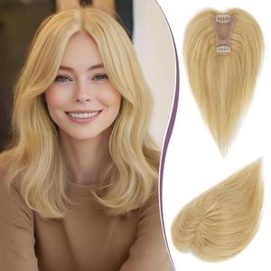 RUWISS Hair Toppers for Women Real Human Hair - Lightweight Clip-in Hair Piece for Thinning Hair, Fluffy Straight Hair Topper without/with Bangs, Golden Blonde Mixed Bleach Blond