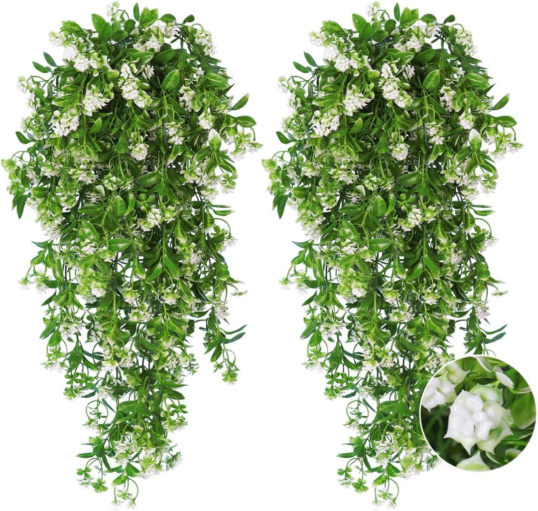 RECUTMS 2Pcs Artificial Hanging Flowers for Outdoor Decoration Fake Hanging Plants Faux White Flowers Artificial UV Resistant Plastic Greenery Vines Ivy for Outdoor Indoor Garden Party Decor, White