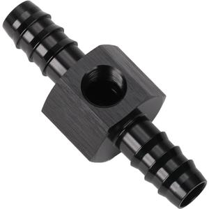 3/8 Hose Barb Inline Fuel Pressure Gauge T Fitting Adapter Union with 1/8 NPT Sensor Gage Port Aluminum Black