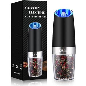 Gravity Electric Pepper/Salt Grinder, Salt or Pepper Mill & Adjustable Coarseness, Battery Powered with LED Light, One Hand Automatic Operation, Stainless Steel (Single/Black)