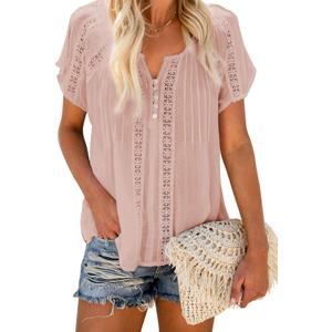 Dokotoo Women's V Neck Lace Crochet Eyelet Tops Short Sleeve Casual Shirts Blouses (Medium)