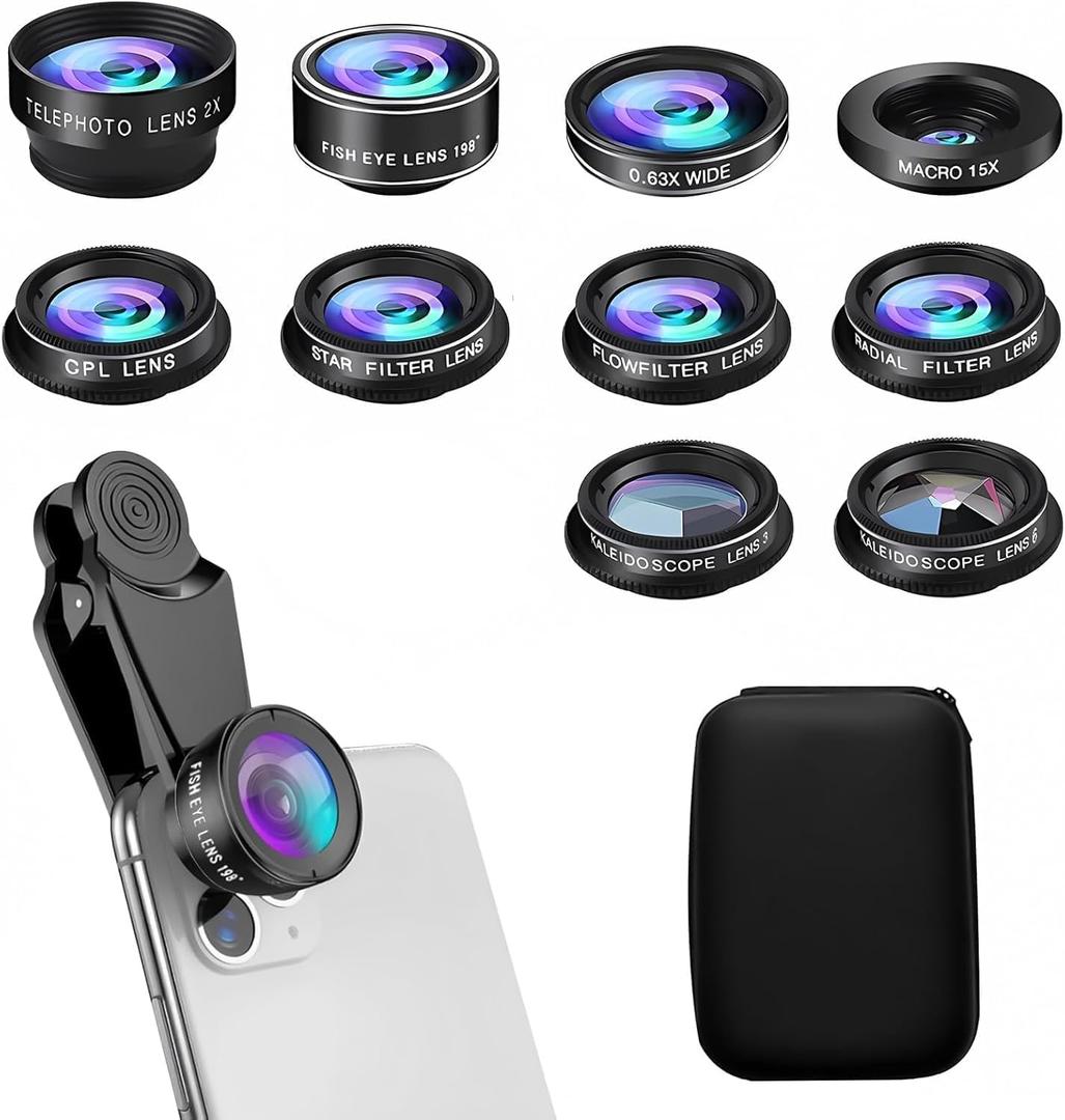 10 in 1 Phone Camera Lens Kit Compatible with iPhone & Samsung and Most of Smartphone - Wide/Macro/Telephoto/Fisheye + CPL/Star Filters, for iPhone & Android, HD Pouch Universal Phone Lens Clip