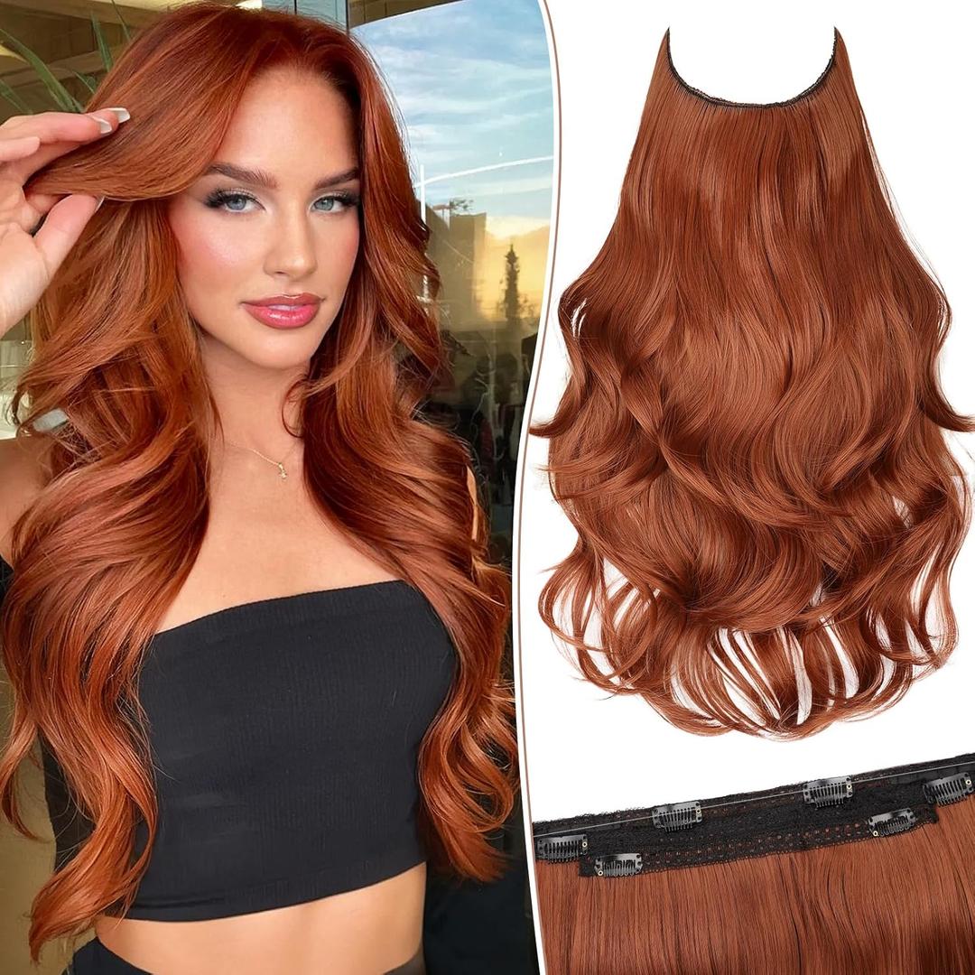 KooKaStyle Invisible Wire Hair Extensions Long Wavy Layered Synthetic Hair Extensions with Transparent Wire Adjustable Size 6 Secure Clips Auburn Hairpieces for Women 20 Inch