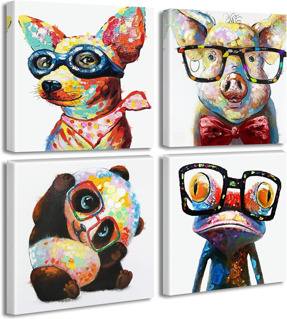 Colorful Cartoon Animal Wall Art Canvas Print Funny Cute Panda Frog Pig Pictures for Kids Bedroom Nursery Decor Artwork Framed 12''X12''X4