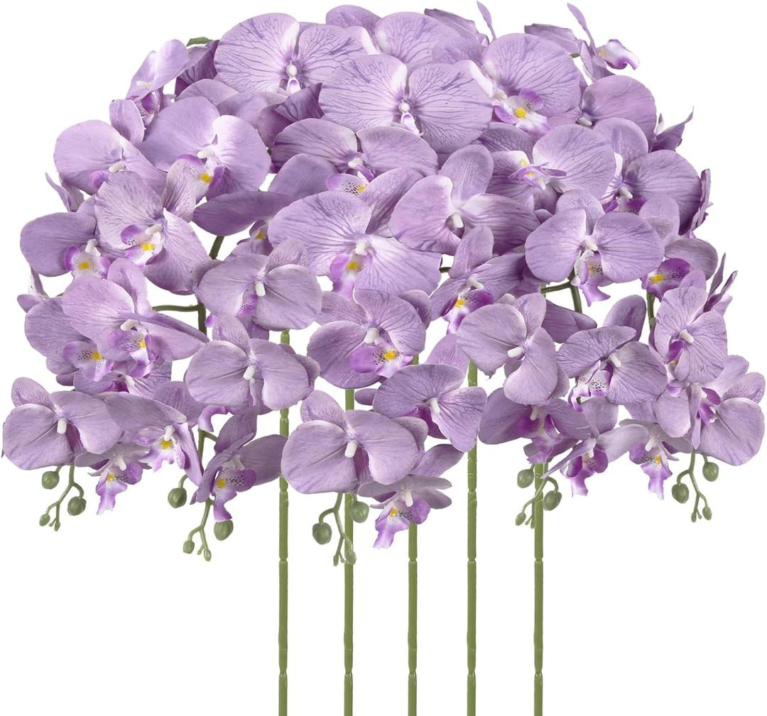 IPOPU Lilac Flowers Artificial Orchids 5PCS Fake Purple Flowers Silk Orchids Faux Orchid Stems Phalaenopsis Branches for Tall Vase for Bridal Shower Home Party Wedding Decoration (Lilac)
