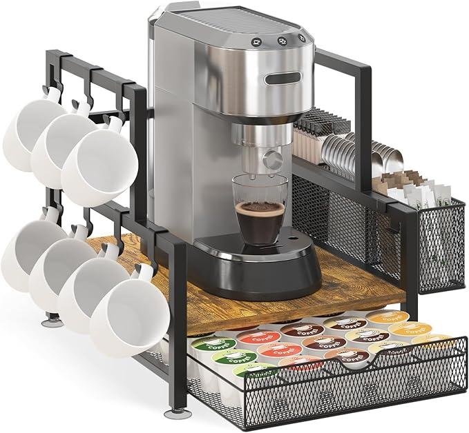 EsLuker.ly Coffee Bar Station Organizer with K Cup Drawer, Pod Holder Storage Rack with 7 Mug Hooks for Countertop, Wooden Coffee Machine Maker Stand for Home Office, SpaceSaving for Coffee Lovers