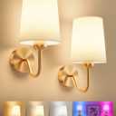 Ouyulong Battery Operated Wall Sconces Set of 2, Wireless Rechargeable Dimmable Wall Light with RGB Bulb and Remote for Bedroom, Living Room, Hallway (Gold), 2 Packs