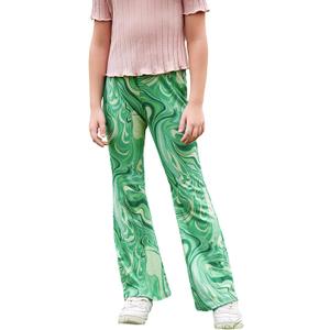 WDIRARA Girl's Printed High Waist Flare Leg Ribbed Knit Elastic Waist Casual Long Pants Green 9Y