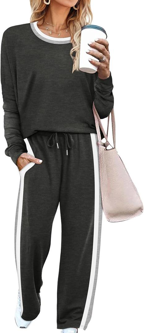 WIHOLL 2 Piece Lounge Sets for Women Long Sleeve Tops Wide Leg Sweatpants Sweatsuits with Pockets (X-Large, Deep Grey)