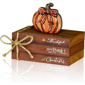 Smile Fall Thanksgiving Wooden Decor Indoor, Pumpkin Decor Thankful Grateful Faux Books Bundle, Thanksgiving Table Tiered Tray Kitchen Harvest Decorations