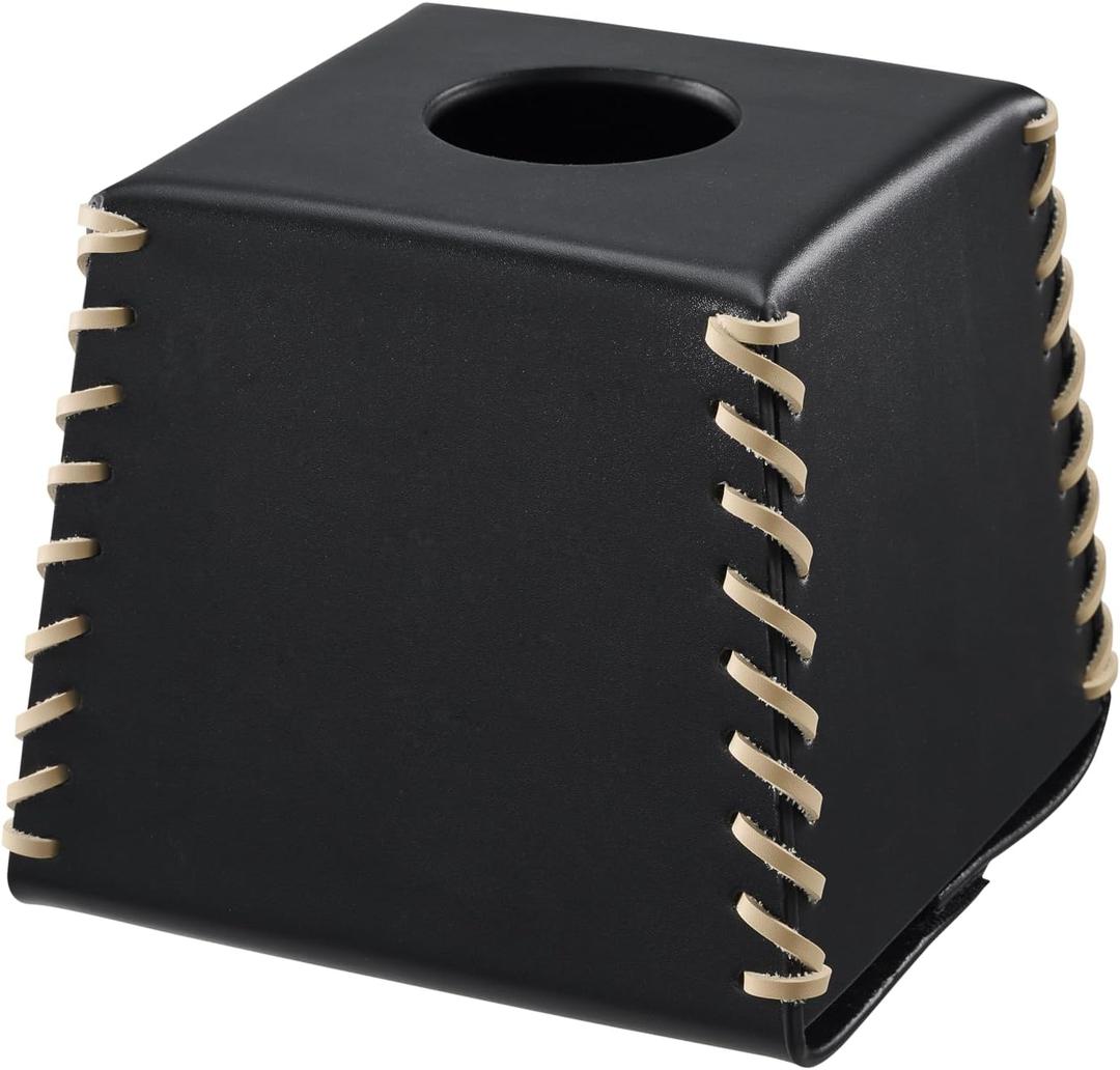 Premium PU Leather Tissue Box Cover, Stylish Tissue Box Holder for Bathroom, Office, Car & Tabletop. Bottom Belt Design for Easy Refills (Black Color, Square)