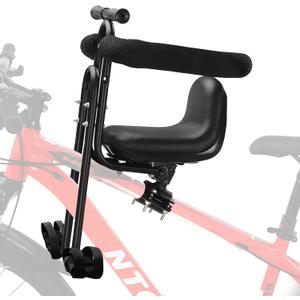 Front Mounted Child Bike Seat for Adult MTBInteractive Toddler Bicycle Carrier with Full Guardrail,Foot Pedals & Removable Foot Straps,Height Adjustable for Kids 15 Years (Up to 55lbs) (Black)