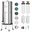 Purewell 8-Stage Gravity Fed Water Filter System, 2.25 Gallon Stainless Steel Countertop System with 4 Filters, Metal Water Level Spigot and Stand, Reduce Fluoride and Chlorine, PW-OBT-CF