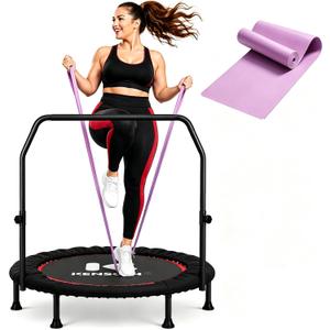 K KENSONE 40" Mini Flodable Spring Rebounder Trampoline for Adults, Small Exercise Trampoline for Indoor Workout and Fitness, Purple Resistance Band Included, Max Load 330 LBS