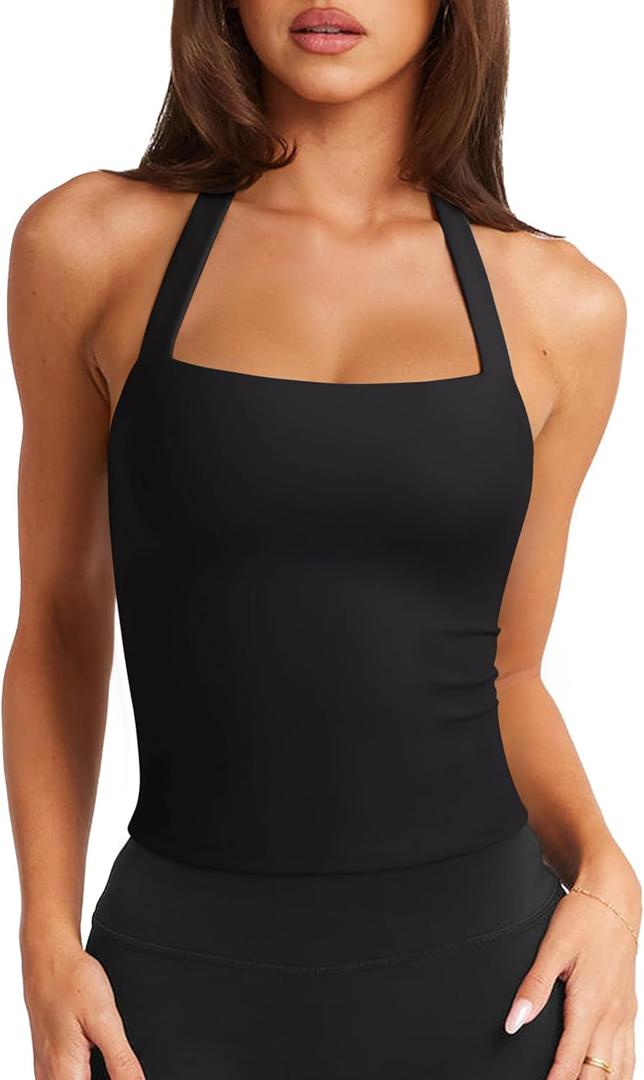 LASLULU Womens Sexy Halter Sports Bra Workout Tops Wirefree Sleeveless Gym Yoga Tank Tops Y2k Casual Crop (Medium, Black)