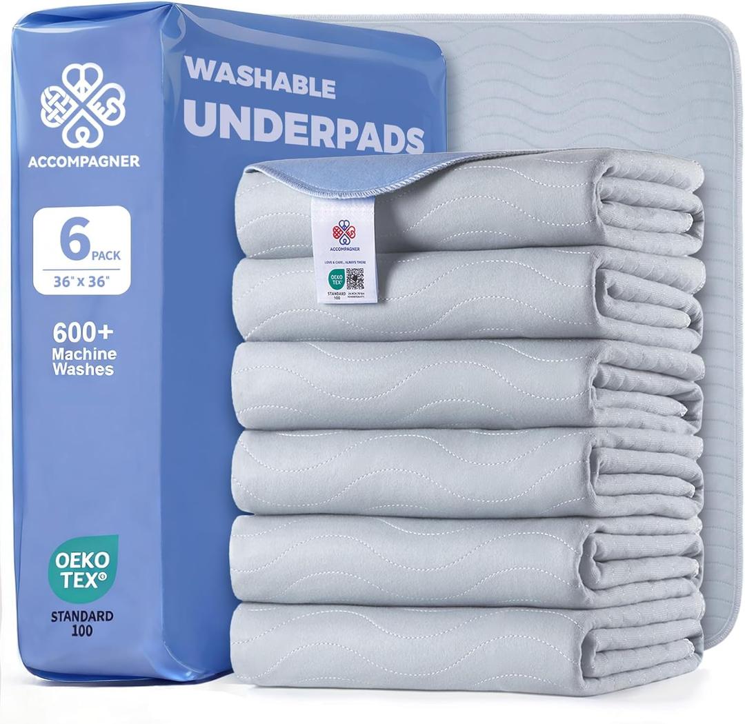 Accompagner Incontinence Bed Pads Washable Waterproof, Ultra-Absorbent Reusable Underpads for Diaper Changing, Nursing, Bedridden, Adults, Seniors, Kids and Dogs (Pearl Gray, 36"x36"(Pack of 6))