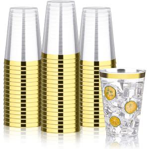 12oz Gold Plastic Cups, 100 Pack Gold Rimmed Disposable Cups, Heavy-duty Party Cocktail Glasses, Plastic Cups for Party, Holiday, Wedding and Birthday