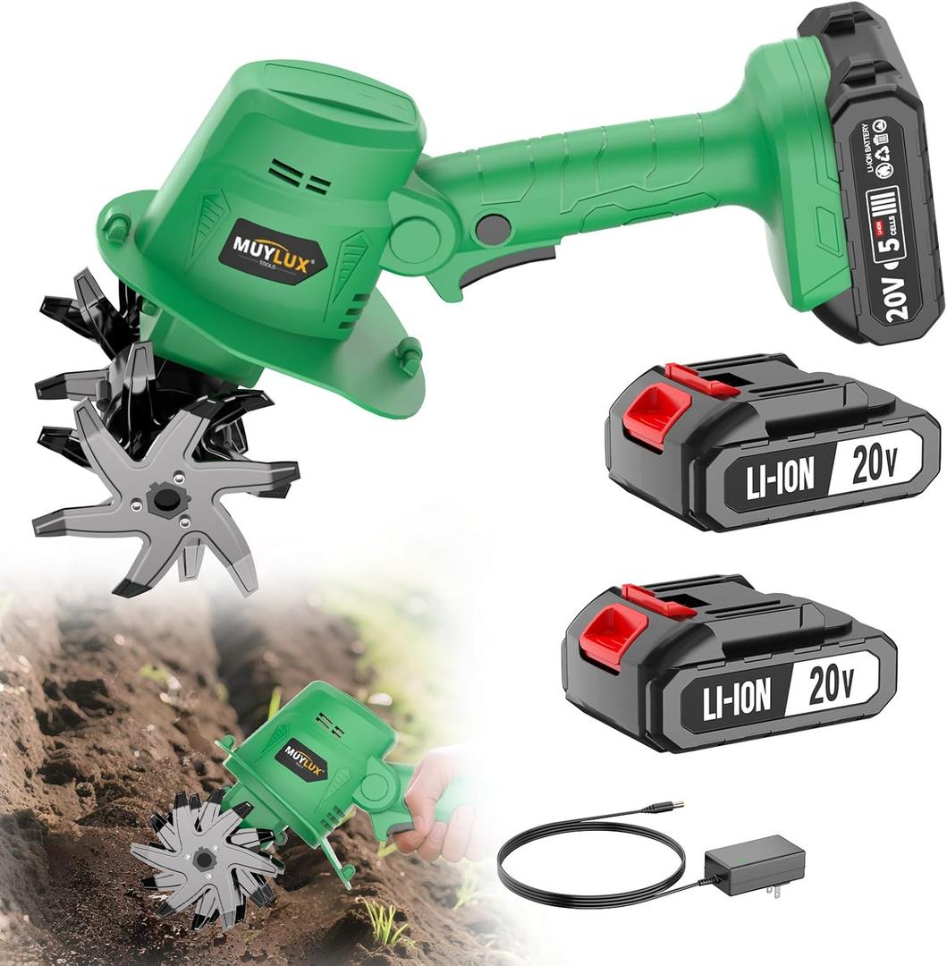 20V Cordless Tiller Cultivator for Gardening, Electric Garden Tiller with Battery & Charger, Garden Rototiller for Lawn Gardening Soil Cultivation, 2 Batteries