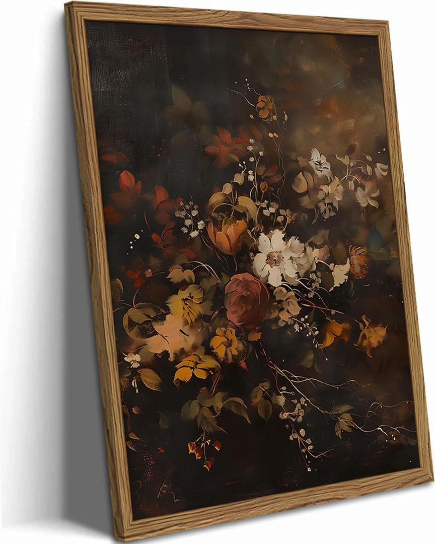 Framed Vintage Floral Wall Art，Gothic Moody Dark Flower Art Prints Painting，Victorian Canvas Fall Otanical Pictures Decor for Living Room Bedroom Diningroom 16x24 inch