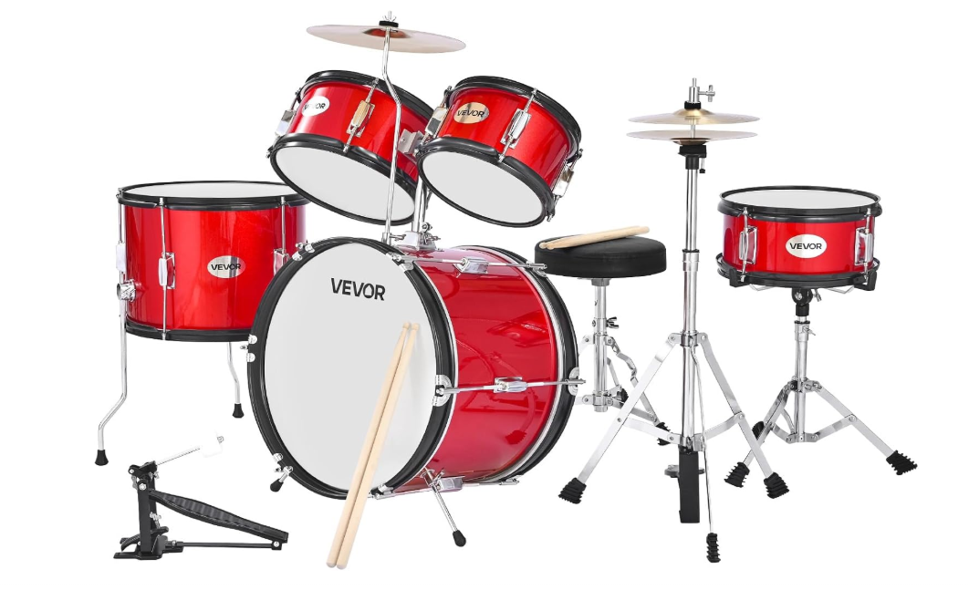 VEVOR Kids Drum Set 5 Piece 16 Inch Junior Beginner Adjustable Throne Red | Music For Ages 6 To 13, Ideal For Practice And Recitals, Cymbal For Real Sound, Two Pairs Of Sticks, Practice Pad, Carry Bag