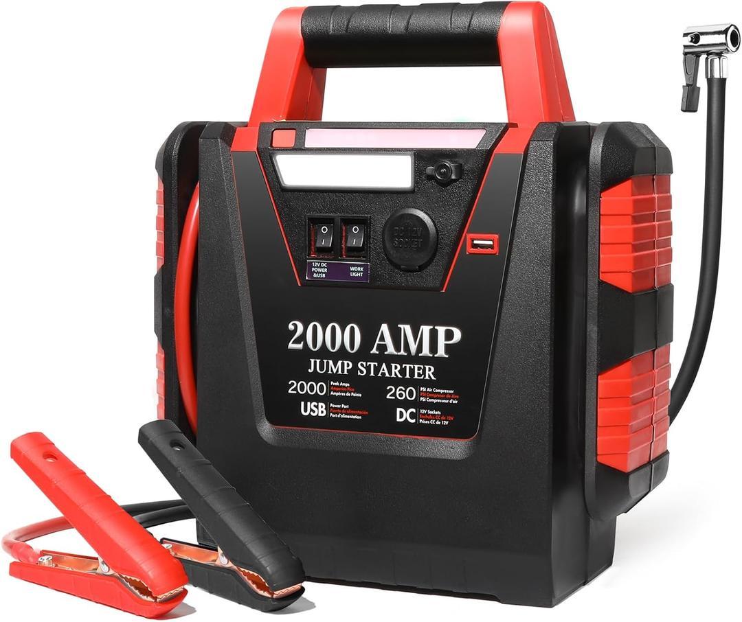 Jump Starter with Air Compressor,2000A Car Battery Jumper Starter 260 PSI Tire Inflator,6 in 1 Auto Lead-Acid Battery Booster Jump Starter for Up to 10.0L Gas or 8.0L Diesel with LED Light