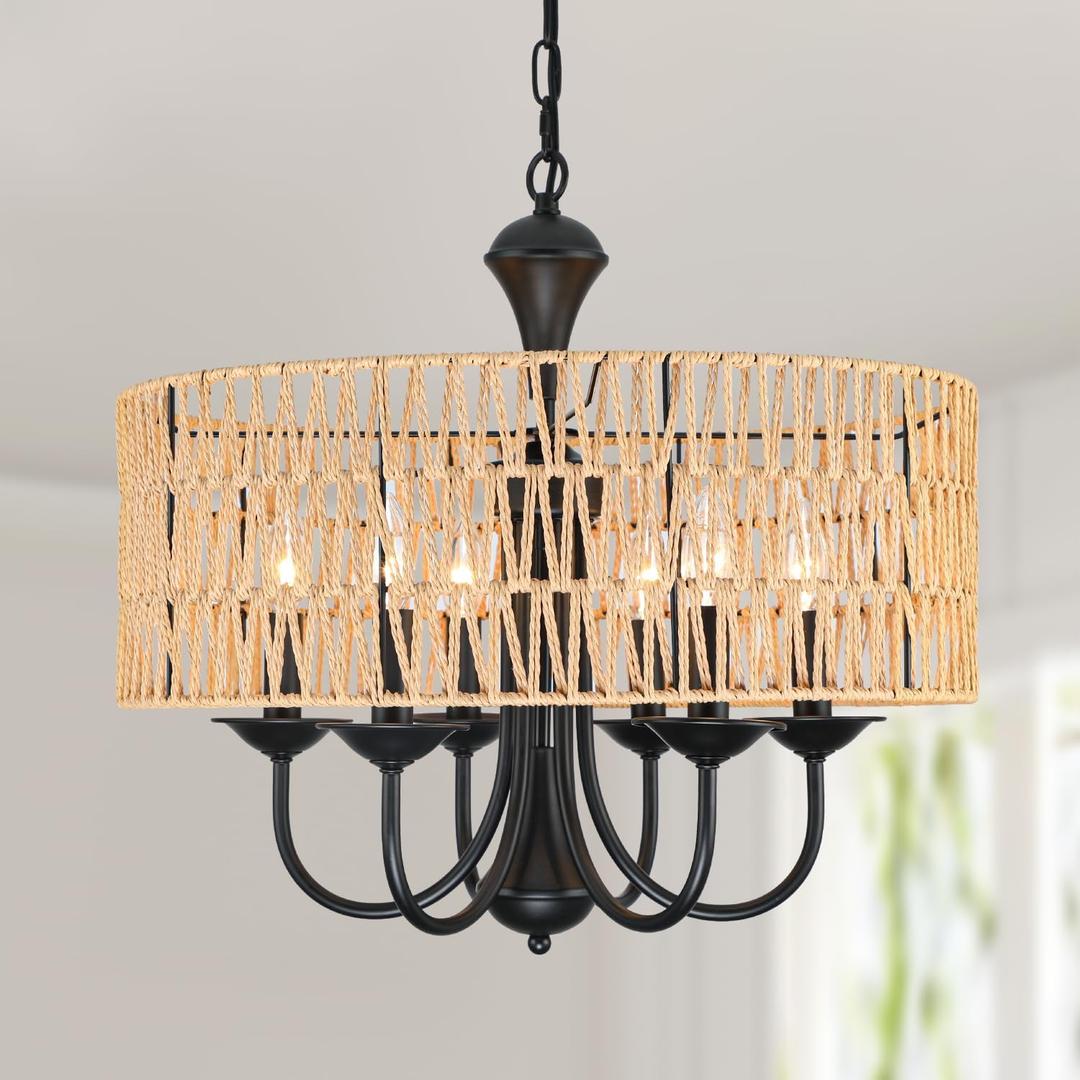 Rattan Farmhouse Chandeliers, 6-Light 22" Wide Boho Pendant Light, Hand Woven Wicker Rustic Chandeliers for Dining Room, Kitchen Island, Living Room, Bedroom, Foyer (Black+Earthy yellow lampshade-6-Light)