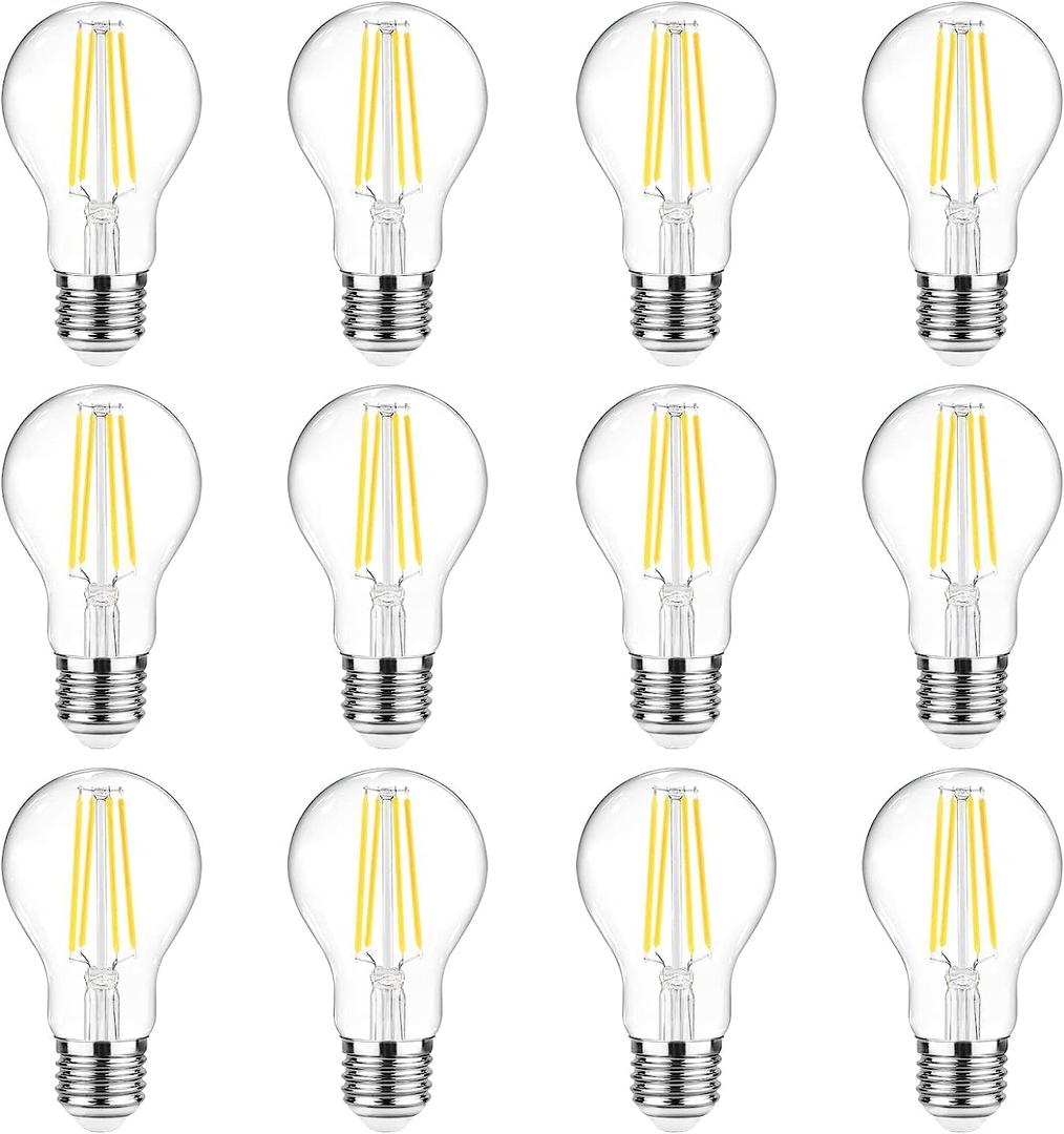 Ascher 60 Watt Equivalent, E26 LED Filament Light Bulbs, Daylight White 4000K, Non-Dimmable, Classic Clear Glass, A19 LED Light Bulb with 80 CRI, Pack of 12