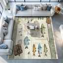 Fishing Living Room Rug 8x10 Cabin Modern Area Rugs, Machine Washable Rug for Bedroom, Low Pile Soft Large Carpet for Dining Room Office Non Slip