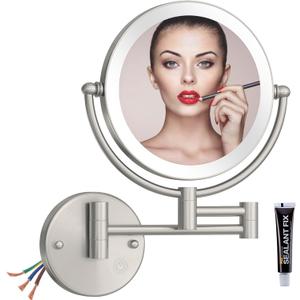 Bathroom Magnifying Makeup Mirror Wall Mounted with Light, Hardwired 7W LED Lighted Vanity Mirror, 360 Swivel 17.7 Inch Brass Extension Arm, Touch Dimmable, Brushed Nickel