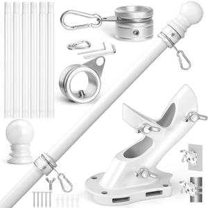 Anovo Flag Pole Kit- Stainless Steel 7 FT Flag Poles with1 Inch Metal 360 Rotating Flag Pole Rings Clip, Two-Position Flag Pole Holder Brackets Mounting for Outside House Outdoor Porch (7 FT - White)