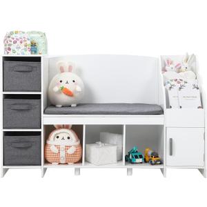 GarveeHome Kids Bookshelf with Reading Nook, Toddler Bookcase with Seat Cushion and Adjustable Shelf, Storage Bench with Book Rack for Bedroom, Playroom, Nursery, White