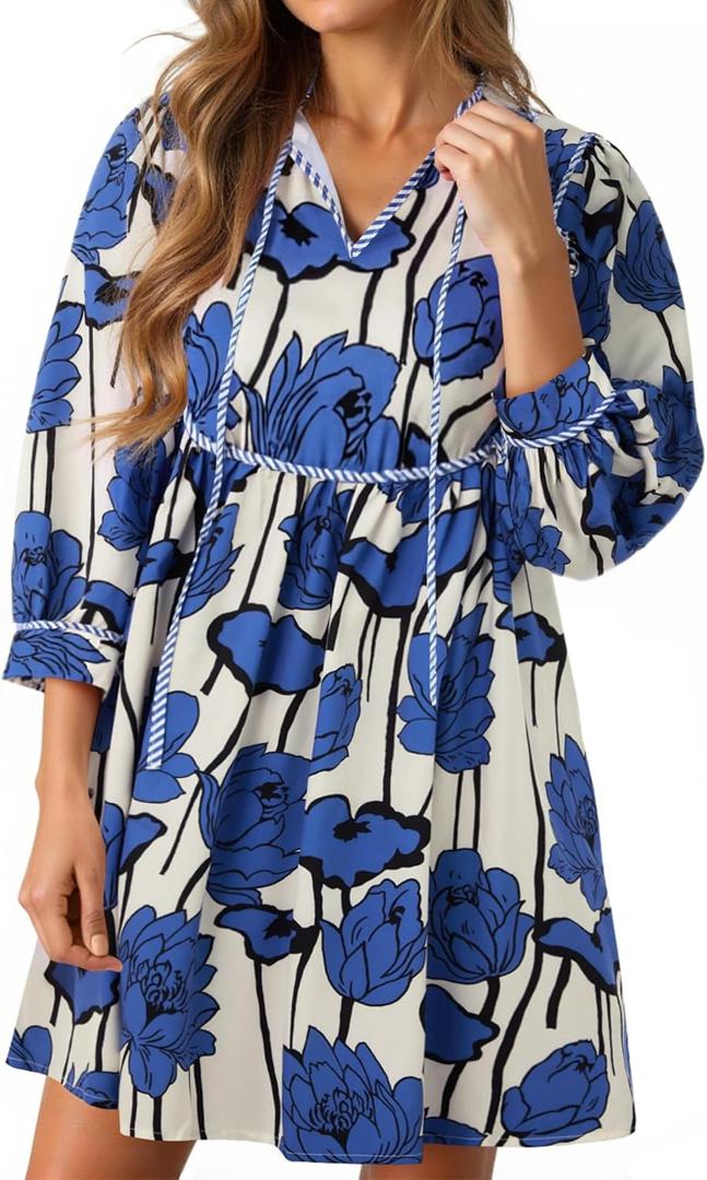 Cicy Bell Womens Floral Mini Dresses 3/4 Balloon Sleeve V Neck Flowy Babydoll Dress Summer Beach Vacation Boho Outfits (Blue, S)