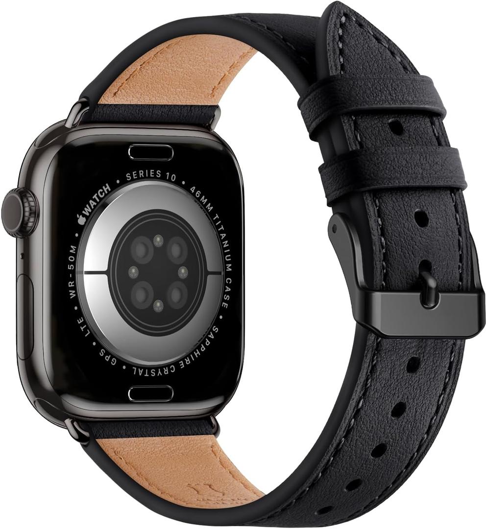 Bestig Leather Bands Compatible with Apple Watch Band 38mm 40mm 41mm 42mm(Series 10 11) for Women Men, Wristband Strap for iWatch SE3/2/1&Series 9 8 7 6 5 4 3 2 1(Black+Black)