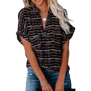 Allimy Women Summer Casual Split V Neckline Floral Chiffon Blouses Loose Tunic Short Sleeve Tops (Large, X Stripes Black Cuffed Sleeve)