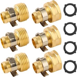 3 Set Brass Garden Hose Repair Connector Kit with Clamps, Fit for 5/8" Garden Hose Fitting,5/8'' Barb x 3/4'' GHT Garden Hose Adapter/Fittings, Water Hose Repair Kit