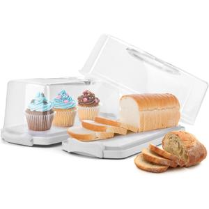2-Pack Plastic Rectangular Bread Box with Clear Lid, Loaf Cake Keeper, Portable Bread Keeper Storage Container with Handle (White)