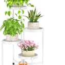 LASZOLA 4 Tiered Plant Stand Indoor Outdoor with Plastic Tray, Corner Folding Tall Flower Display Rack, Modern Plant Holder Shelf for Outdoor Patio Porch Garden Office Living Room, White