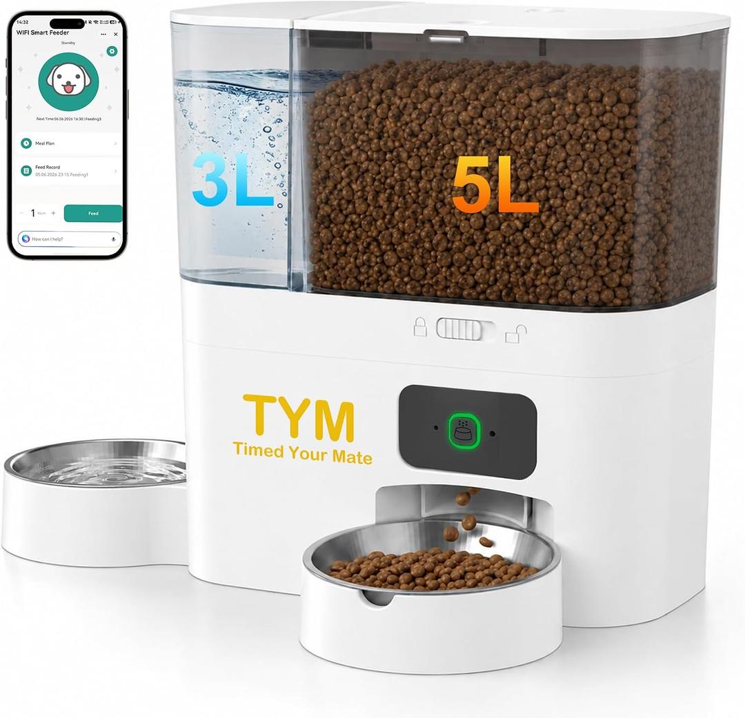 Automatic Cat Feeder and Water Dispenser, 8L WiFi Cat Dry Food Dispenser | 5L Pet Feeder | 3L Gravity Waterer | Large Capacity | Dry & Wet Separation | Detachable and Washable | Remote Feeding